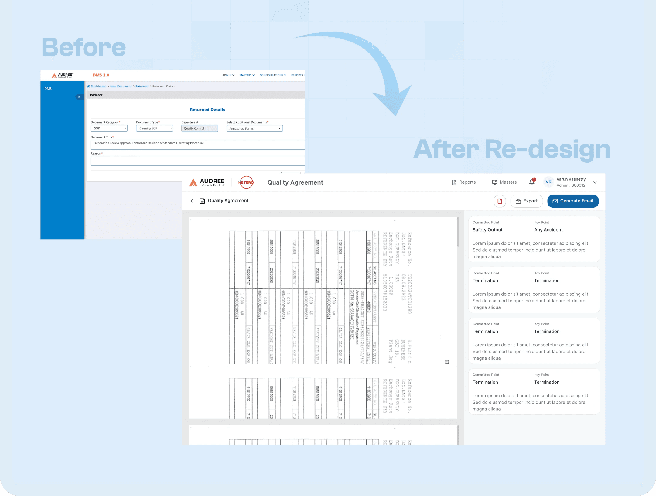 Qulaity Agreement software before and adter redesign screens