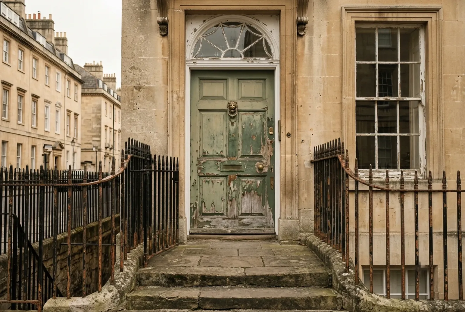 The front door before: peeling, faded paint and rusting railings
