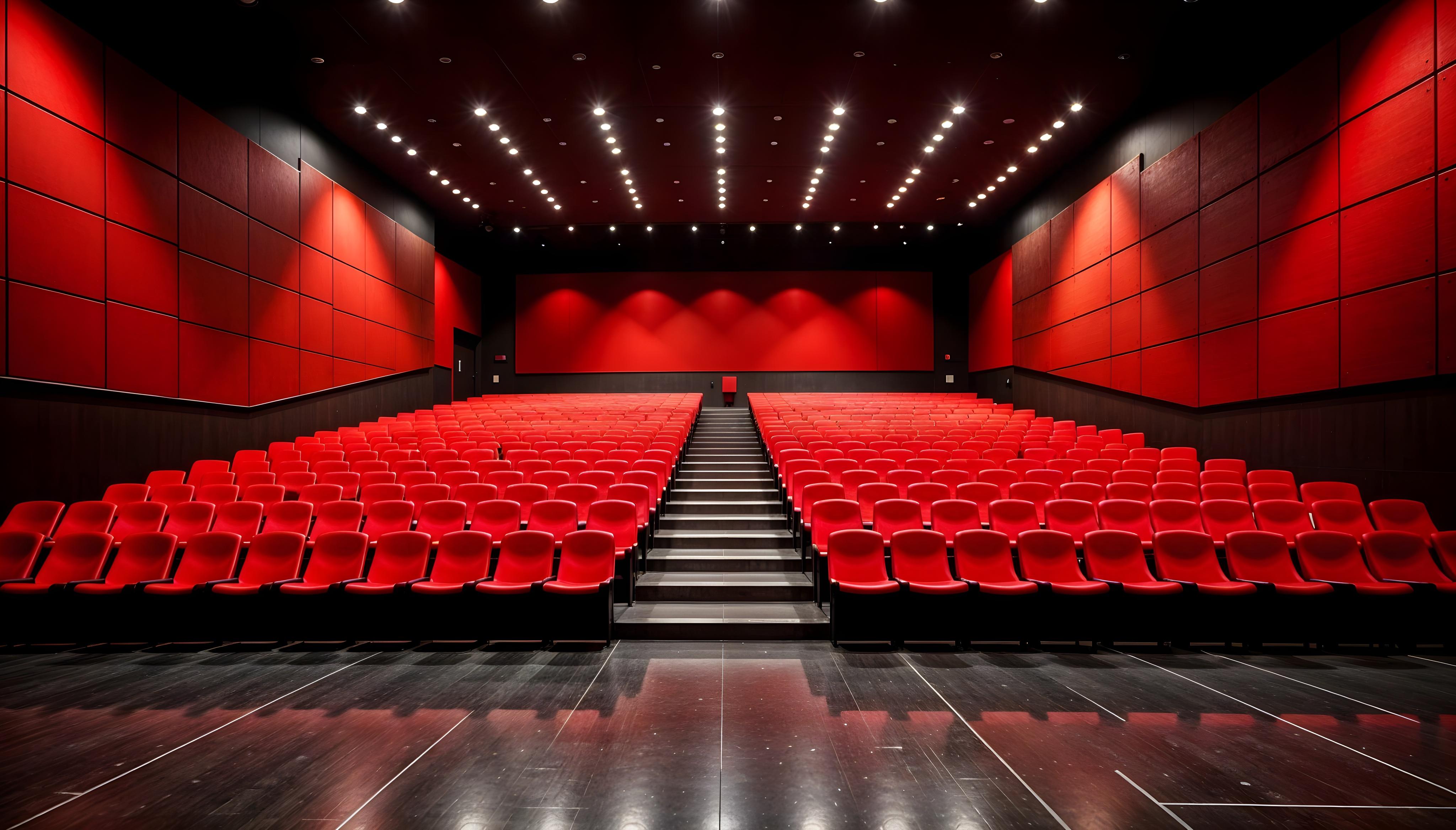 The image shows a large auditorium with rows of teal-colored seats facing a stage or projection screen at the front. The room has a dark color scheme, with the walls and ceiling painted in shades of teal and blue, and the floors reflecting the lighting.