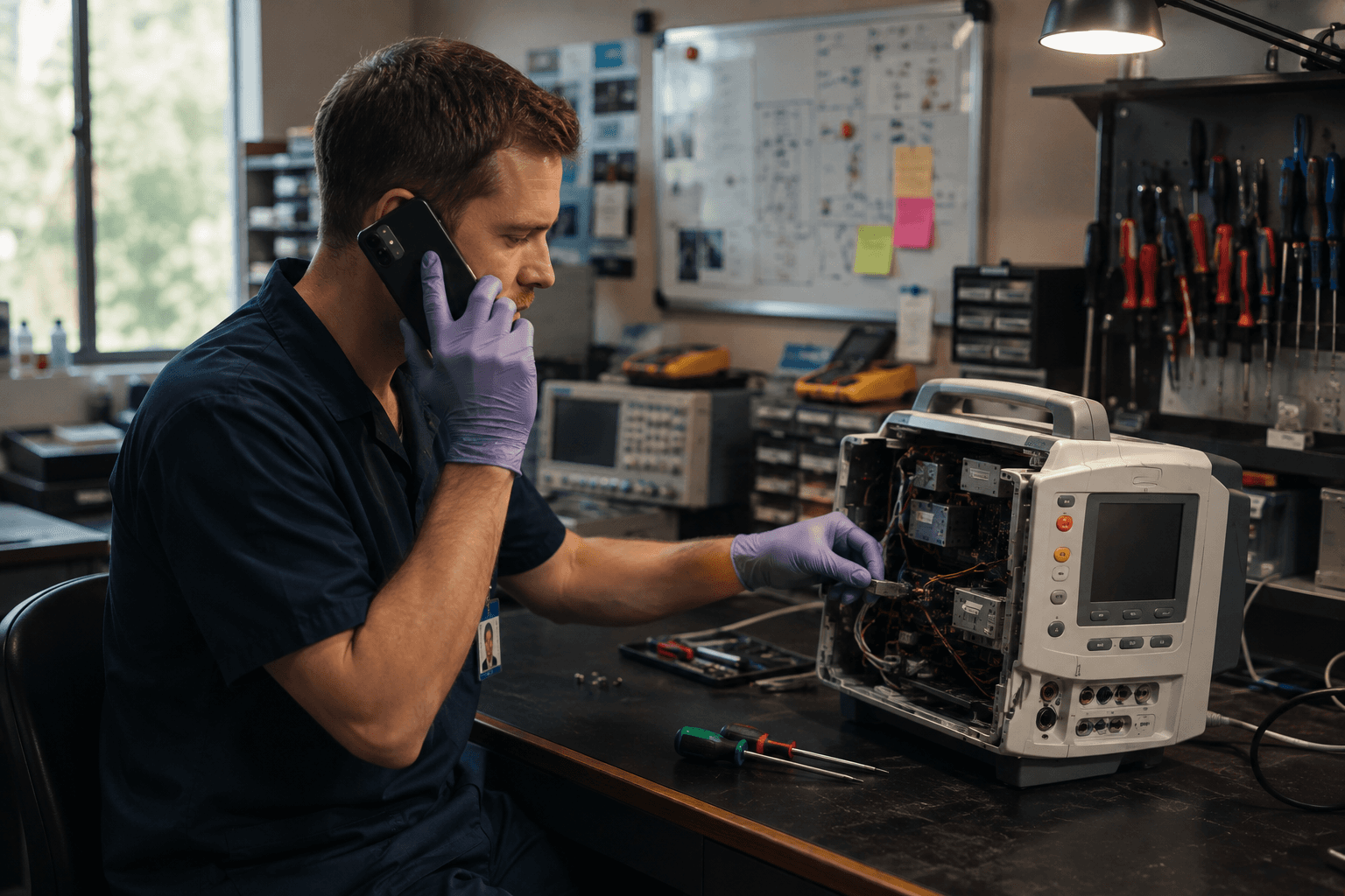 A BMET calls a senior colleague for help while working on a medical device, the kind of knowledge transfer Leera AI captures.