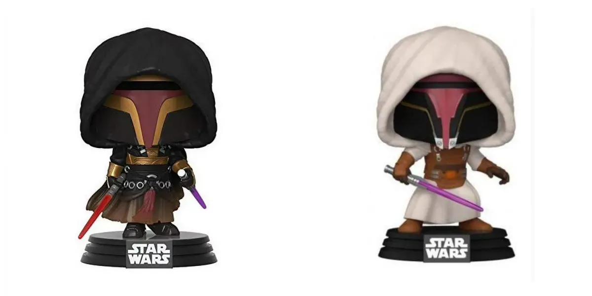 2 Funko Pops of Darth Revan and Jedi Knight Revan. Darth Revan is holding both a red and purple lightsaber in a black robe while Jedi Knight Revan is wearing a white robe with a purple lightsaber