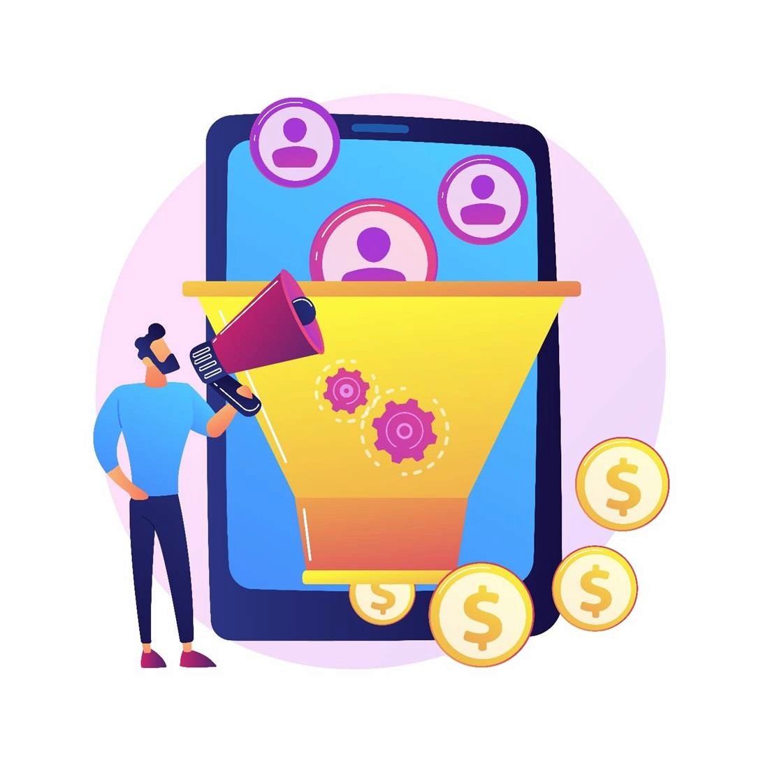 Illustration of a marketer with megaphone beside a mobile funnel filtering creator profiles into revenue