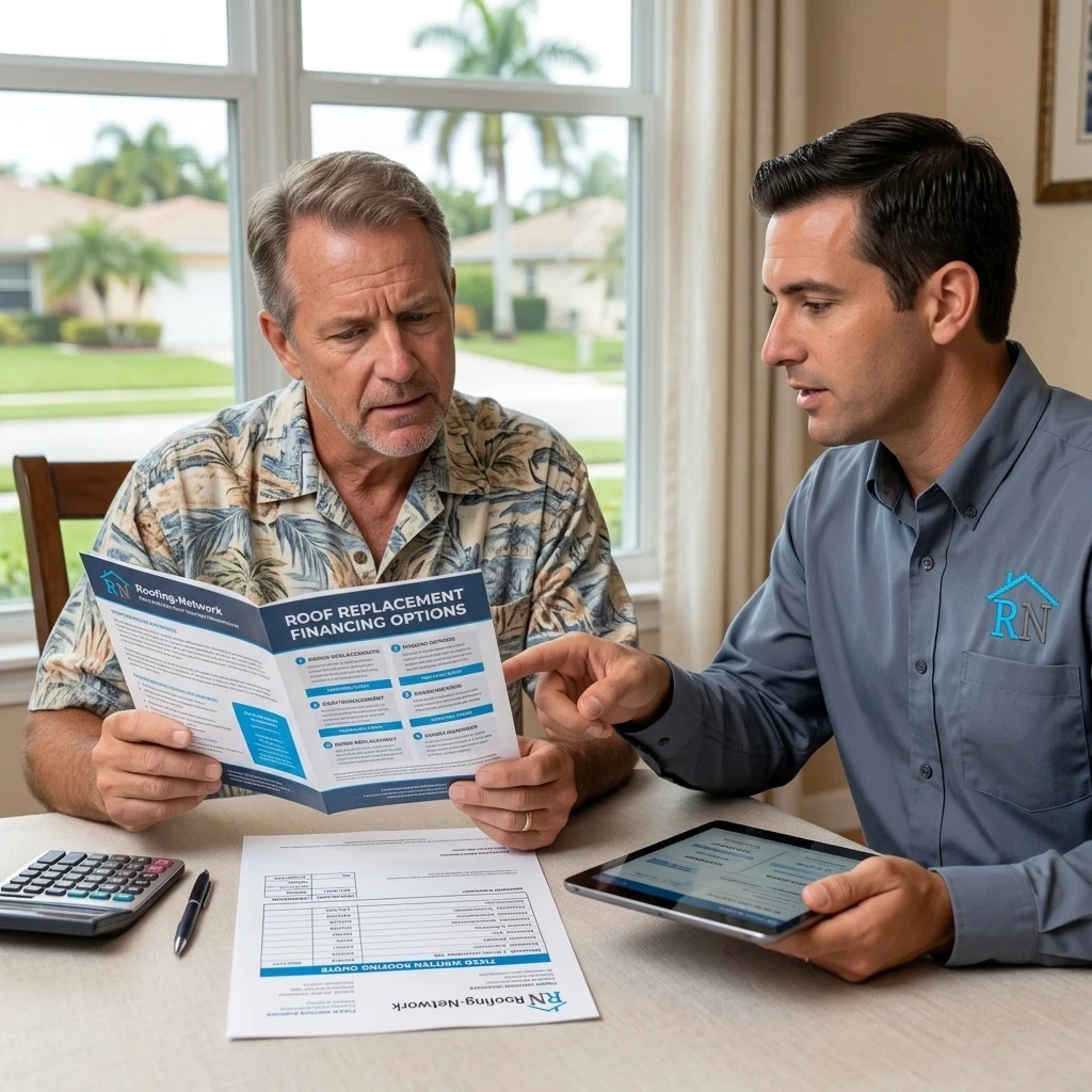 Homeowner reviewing roof replacement financing options and a fixed written roofing quote