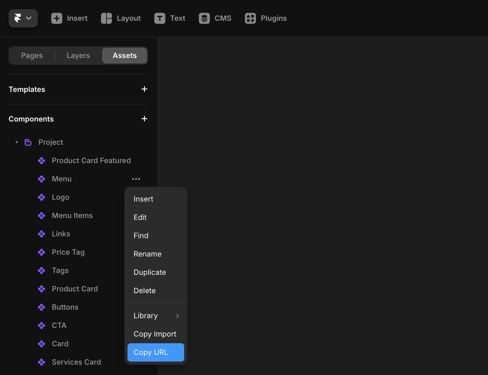 资源面板以及显示‘复制 URL’选项的下拉菜单。