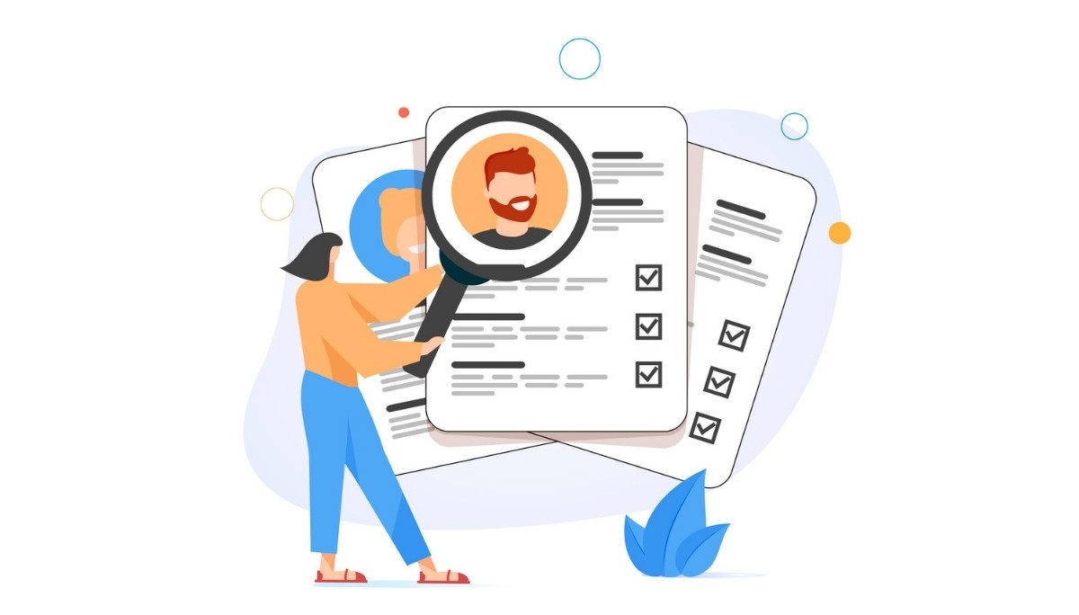 Illustration of a person using a magnifying glass to examine resumes with profile pictures and checklists.