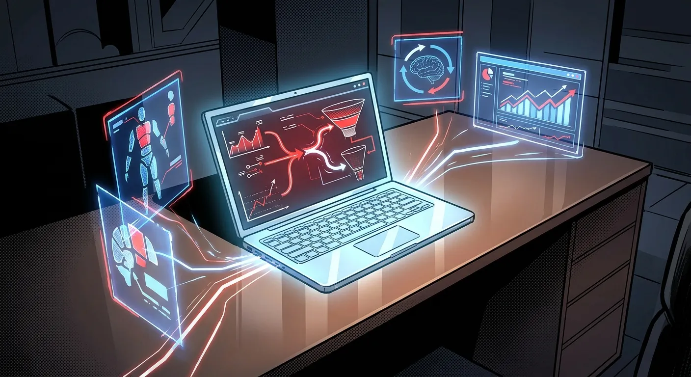 Futuristic workspace with holograms by RockN' Socials, Digital Marketing Agency.