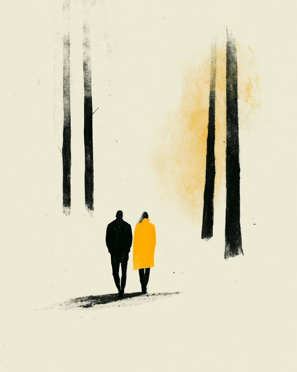 Zwei Personen im Wald, minimalistische Kunst, Spaziergang im Herbst, gelber Mantel