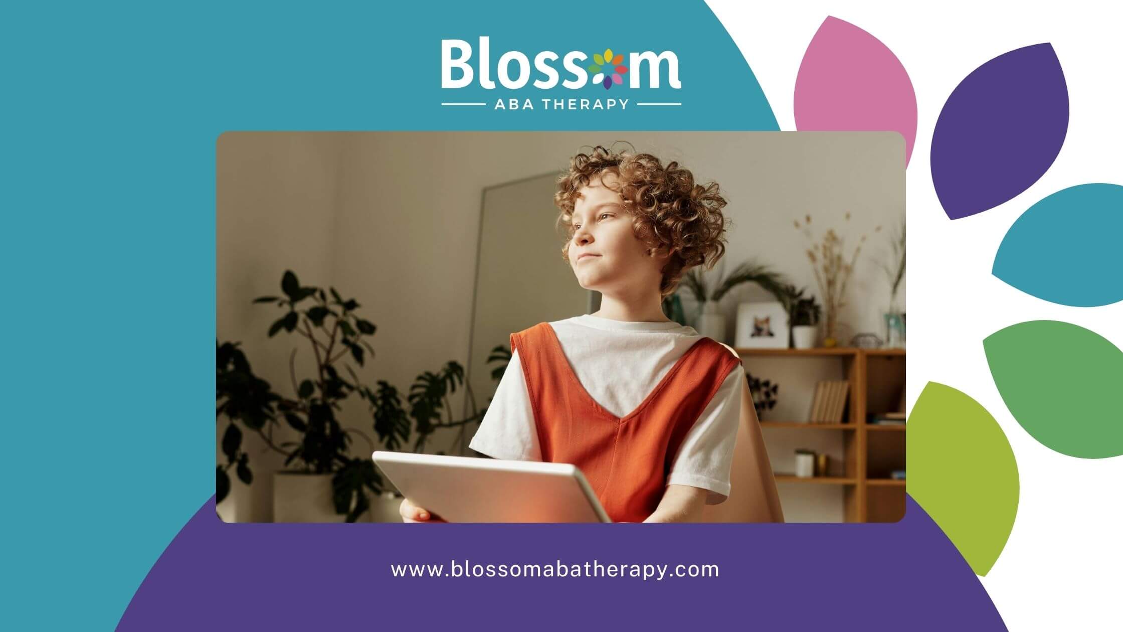 A confident autistic young girl holding a tablet, looking out the window After ABA therapy in Nebraska.