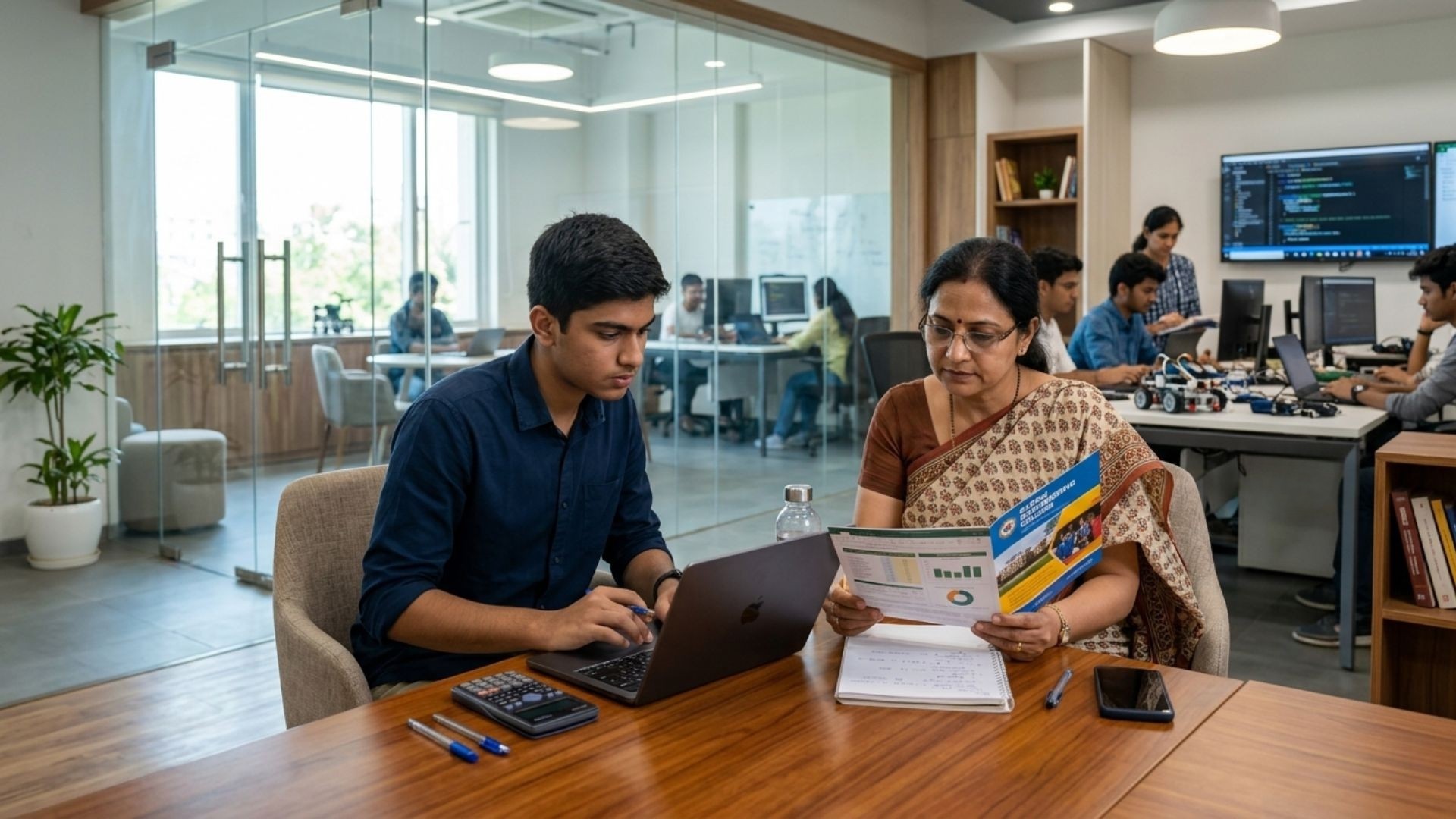 Student and parent reviewing academic information in a modern campus setting while exploring the best private universities in India for computer science