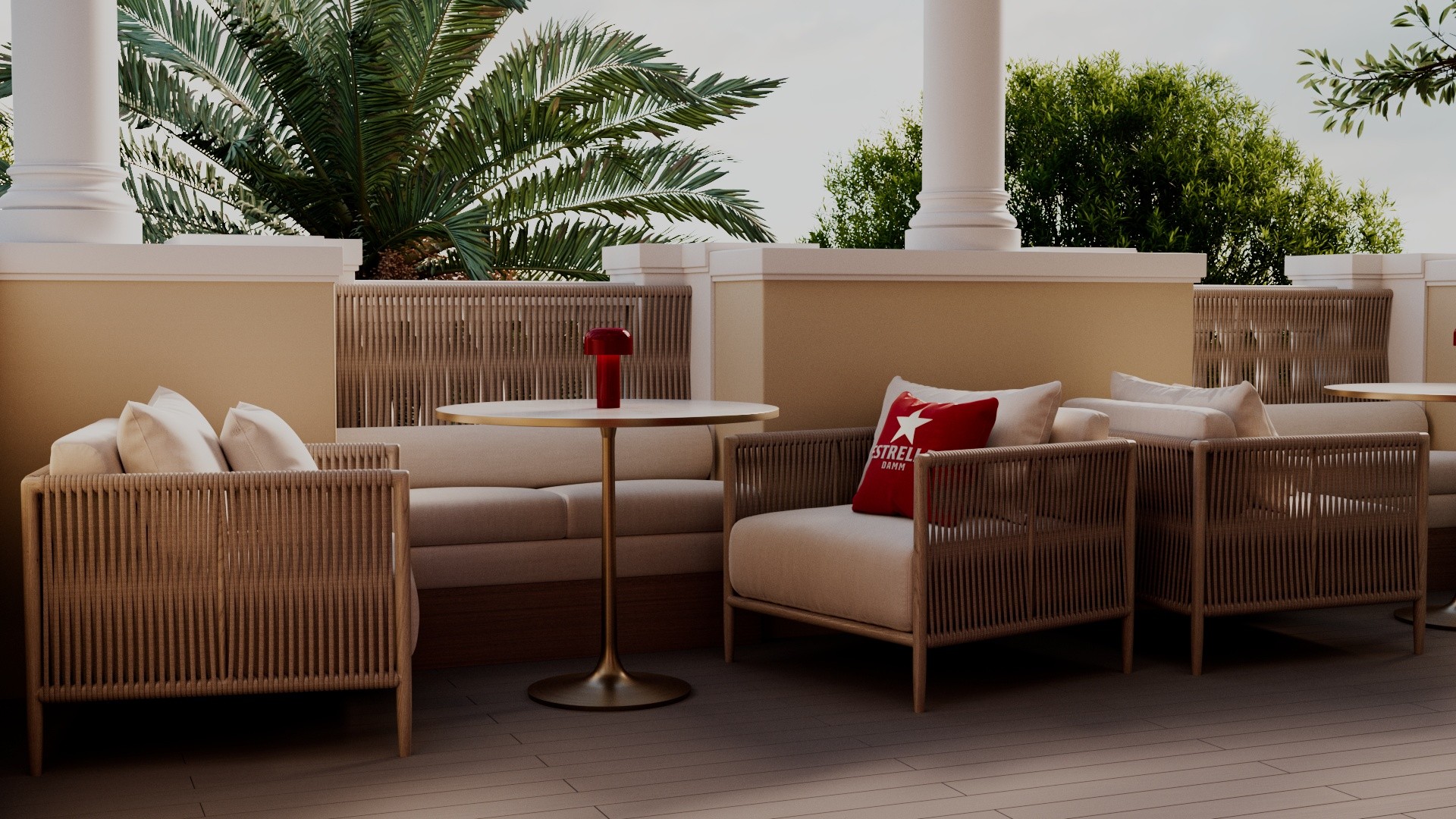 Close-up view of custom chairs and tables designed by our team for Estrella Terrace brand zone