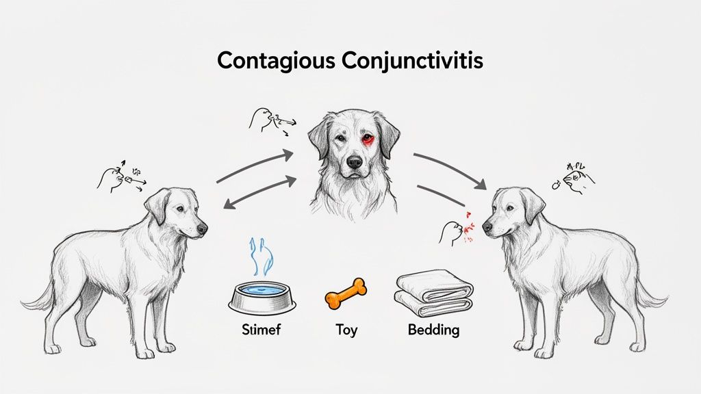 Illustration showing contagious conjunctivitis spread between dogs through direct contact and shared items like water, toys, and bedding.
