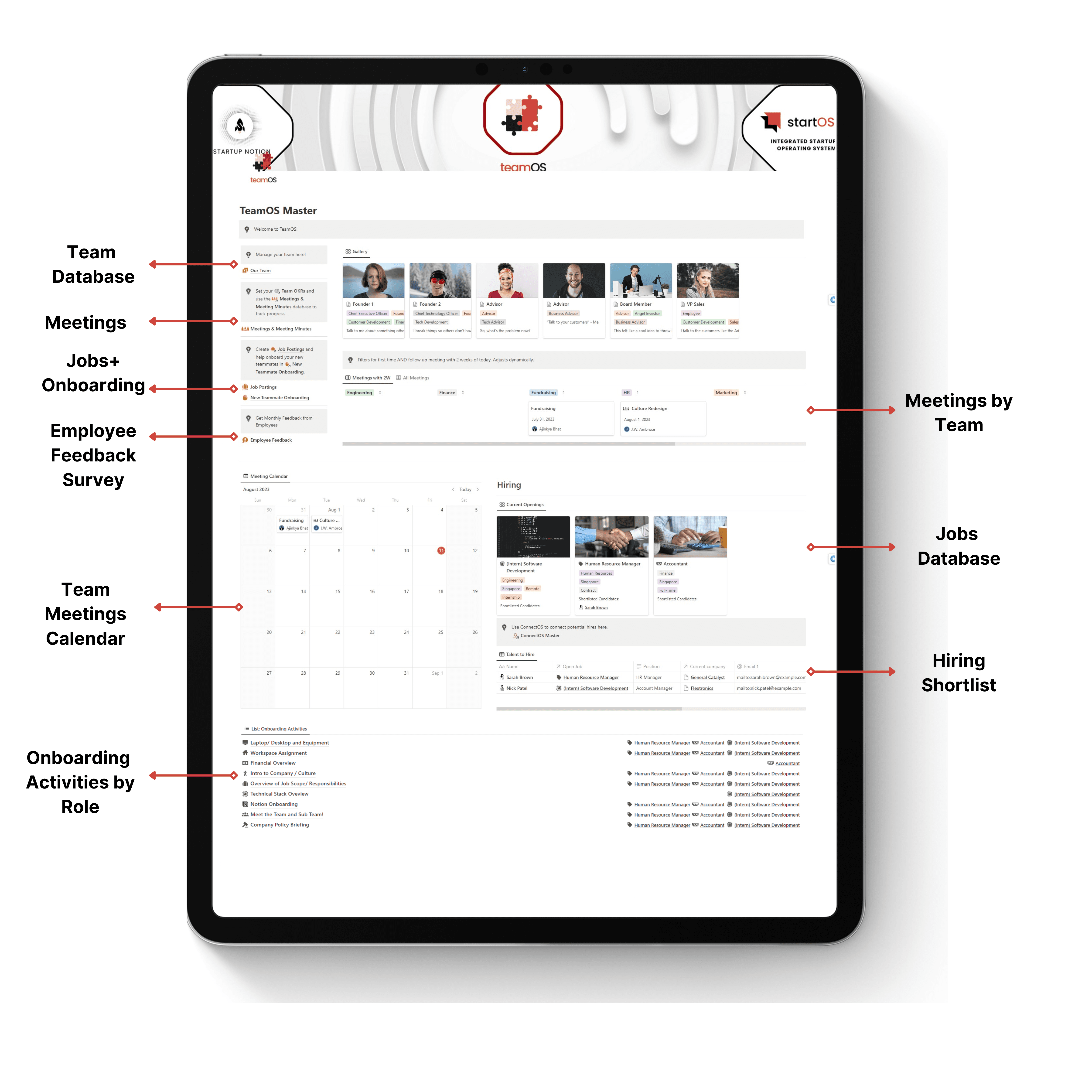 TeamOS- Notion Team management template with team database, meeting database and calendar, jobs database, onboarding checklist and employee feedback form.