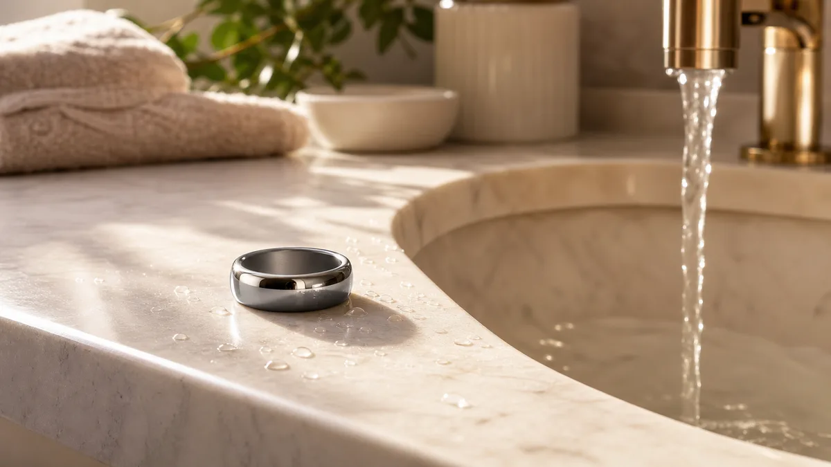 Silver smart tasbih ring beside running water on a marble sink for wudu