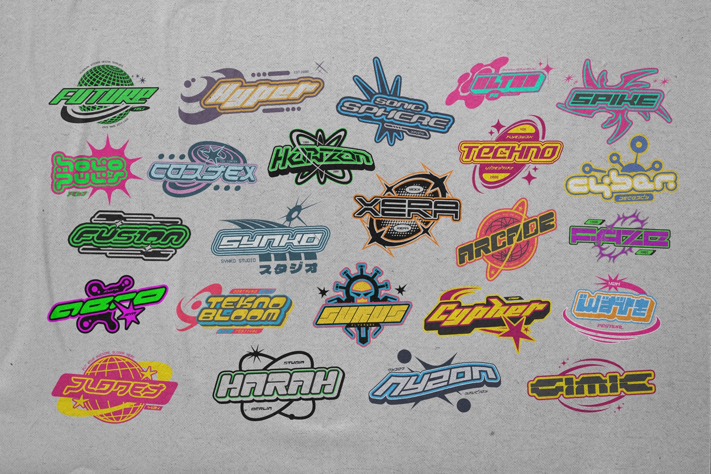 Vibrant multicolored versions of the Y2K logotype bundle templates displayed on a textured background