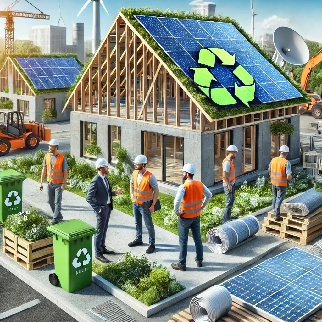 Un chantier moderne mettant en avant des matériaux écologiques, des panneaux solaires et des ingénieurs discutant de conceptions durables. Cette scène reflète parfaitement l’importance de la construction écoresponsable et les nouvelles tendances du secteur. 🚀