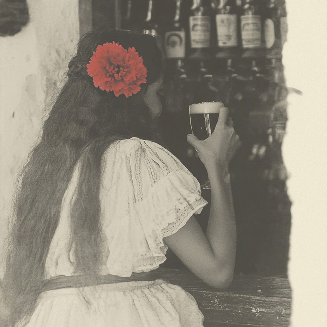 Hand-crafted illustrative artwork - women drinking a beer at the bar