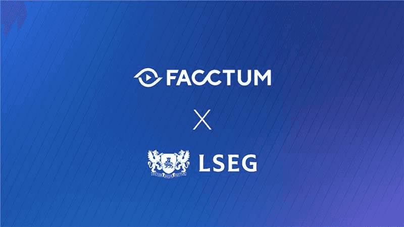 Facctum and London Stock Exchange Group (LSEG) partnership graphic showing both company logos on a blue gradient background with a large ‘X’ between them.