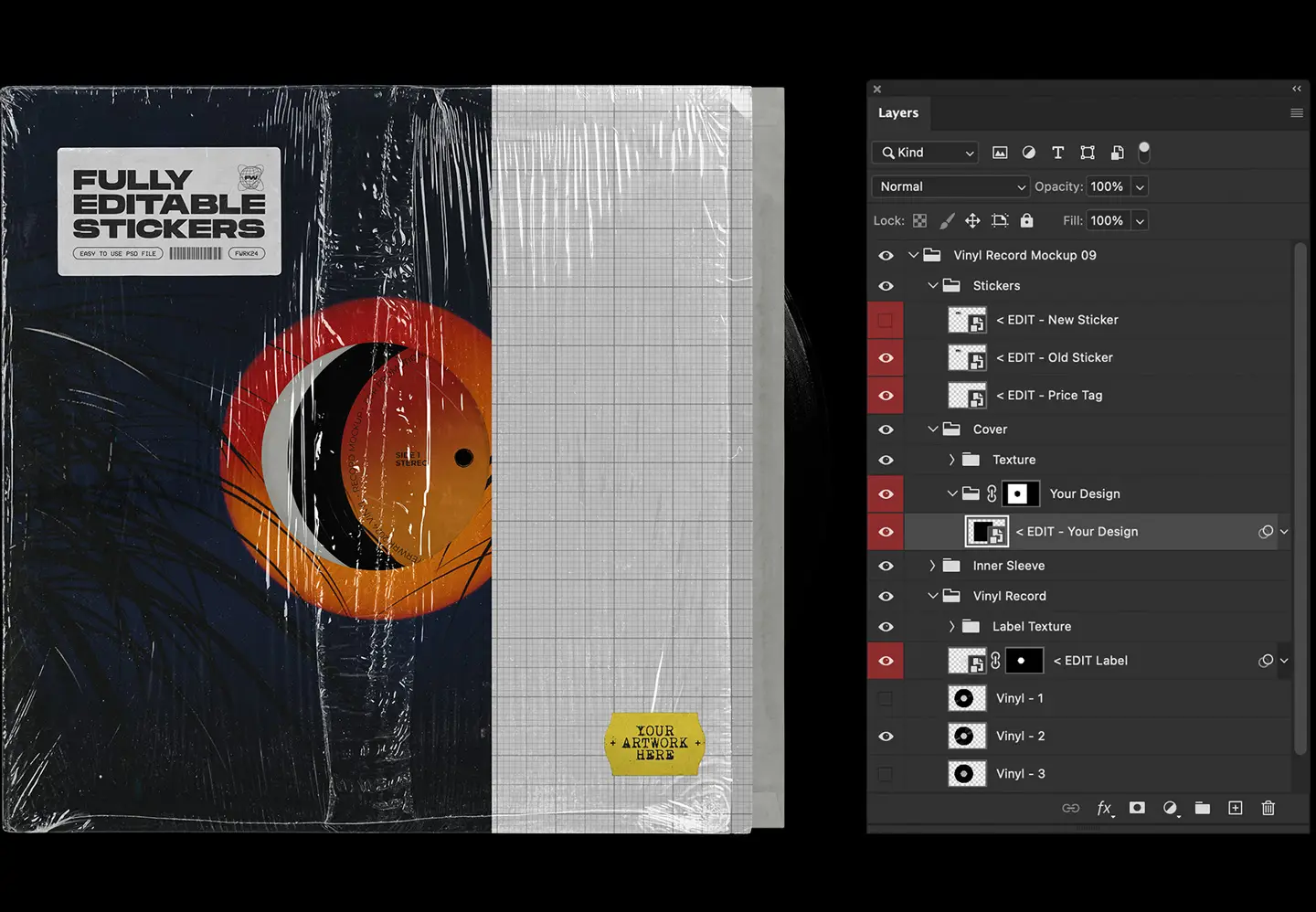 Vinyl record mockup layered Photoshop PSD showing organized smart object layers