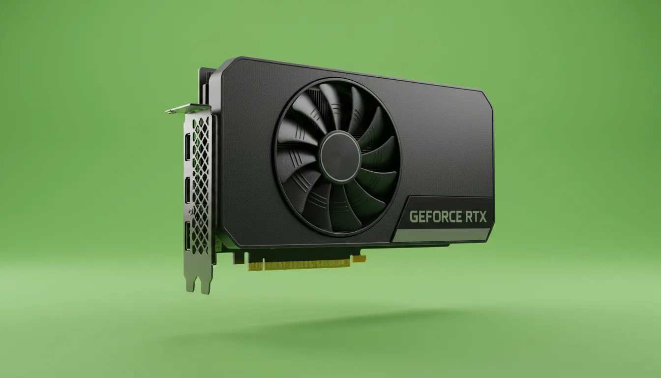 3D render of a modern NVIDIA GeForce RTX 4070 graphics card, product shot, matte black textured material. The card is floating at a high-angle against a vibrant, solid chroma key green studio backdrop. Lit by soft global illumination, creating gentle highlights on the dark shroud and a subtle floating shadow. A single large cooling fan and silver metal PCIe bracket are in sharp focus.