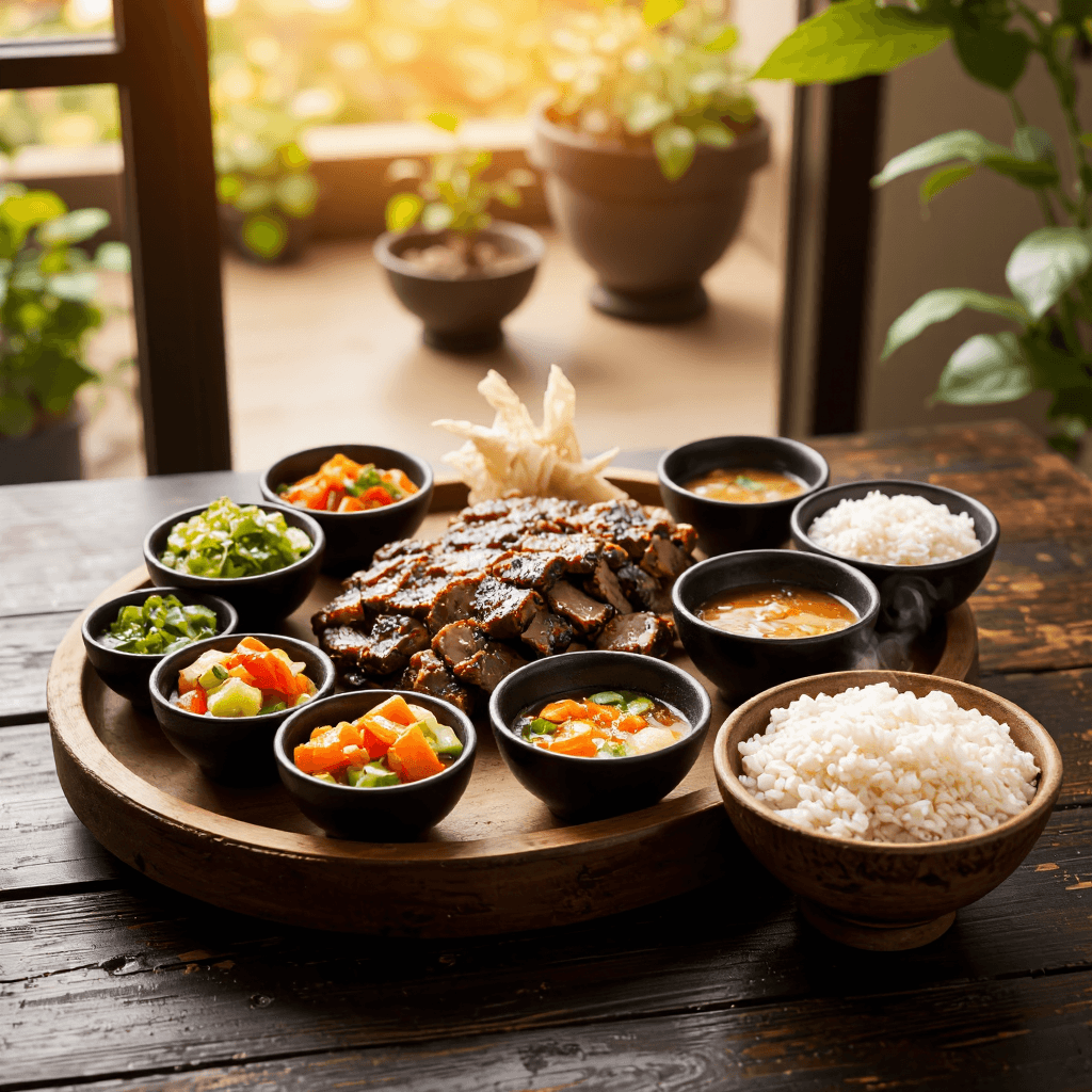 product photography of a variety of side dishes and rice
