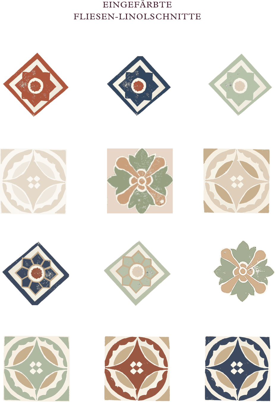 Visuelle Elemente des Corporate Designs eines Ferienhauses aus dem 16 Jhd. - bunte Fliesenelemente & Icons untereinander