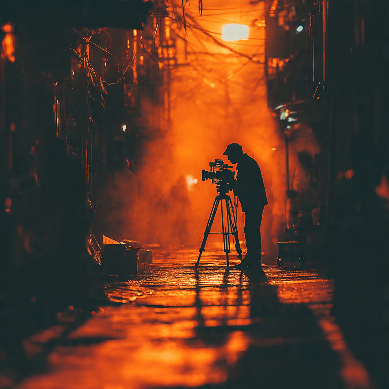 Silhouette of a filmmaker with a camera on a tripod in a dimly lit alley, bathed in orange light and mist, creating a moody, cinematic atmosphere.