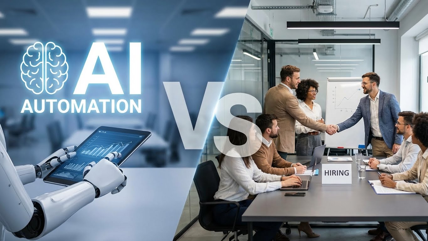 Comparison of AI automation versus hiring more staff, showing automated systems against a traditional hiring process
