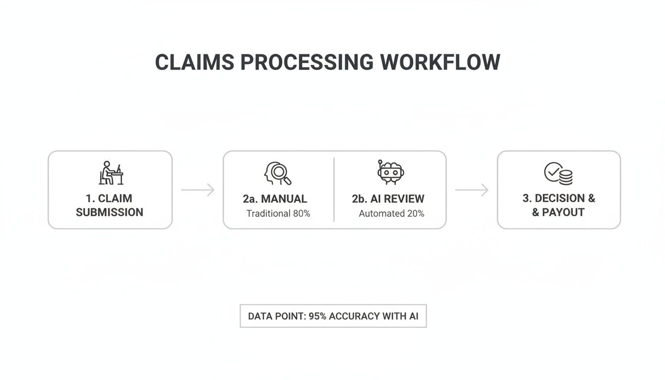 Claims processing workflow diagram showing claim submission, manual and AI review, and final decision with 95% AI accuracy.