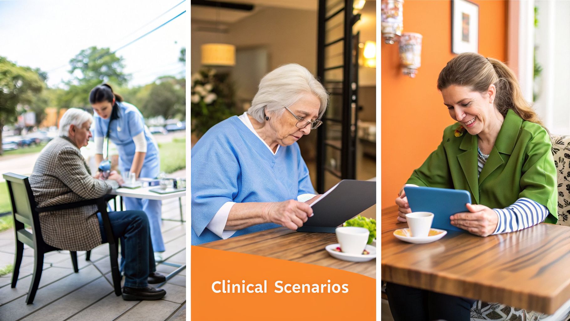 Three panels illustrate clinical scenarios: a nurse aiding a patient, an elderly woman reading documents, and a woman using a tablet.
