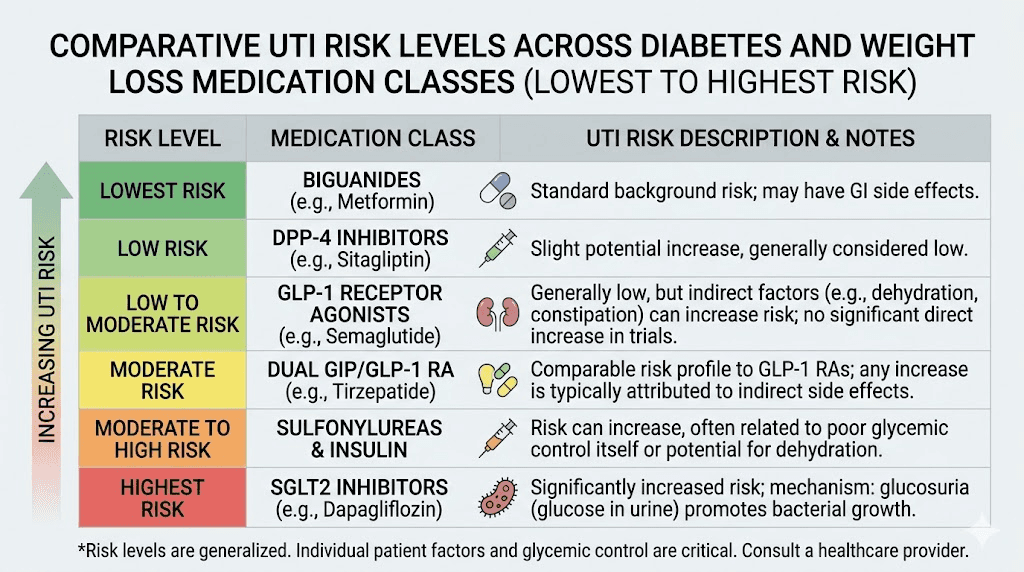 UTI risk comparison chart for tirzepatide semaglutide and SGLT2 inhibitors