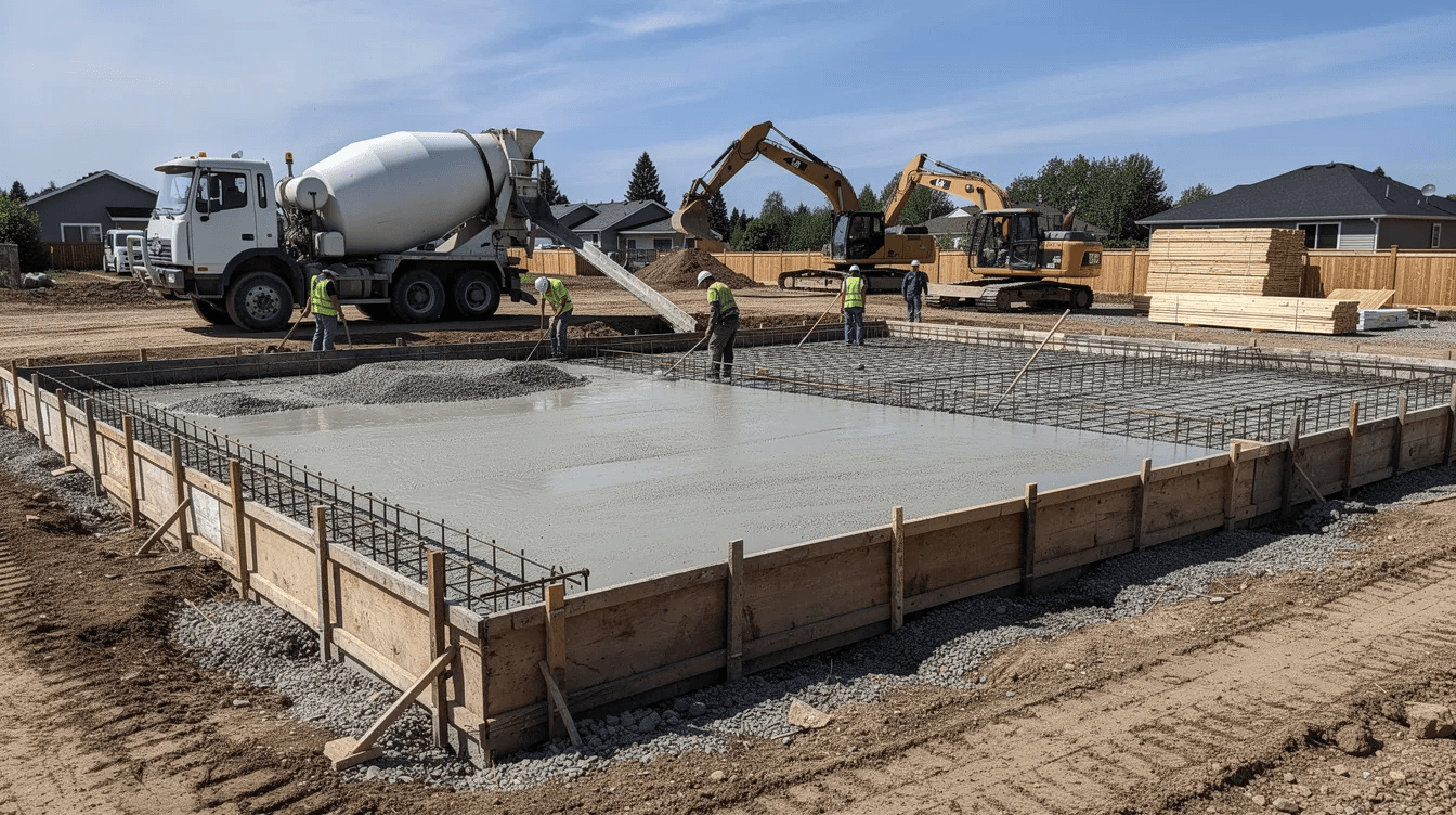 The image depicts a concrete foundation being poured for a new residential home, with construction equipment visible in the background, showcasing the commitment of industry professionals to quality craftsmanship in home building. This scene reflects the ongoing efforts in the residential construction industry to create energy-efficient and custom homes for future homeowners.