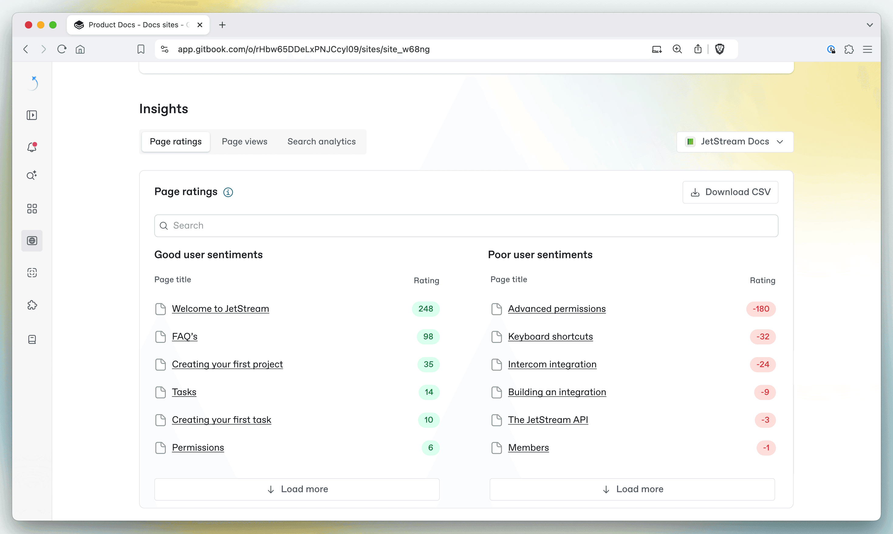 A screenshot showing the page ratings of a docs site in GitBook. The left side shows positive user feedback, and the right shows the negatively scoring pages