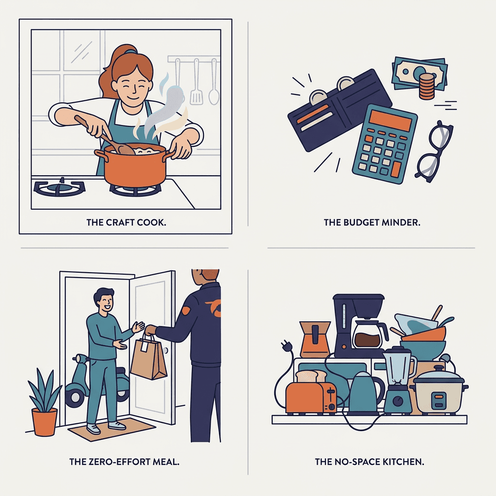 Illustration of four household types where a cooking robot doesn't fit