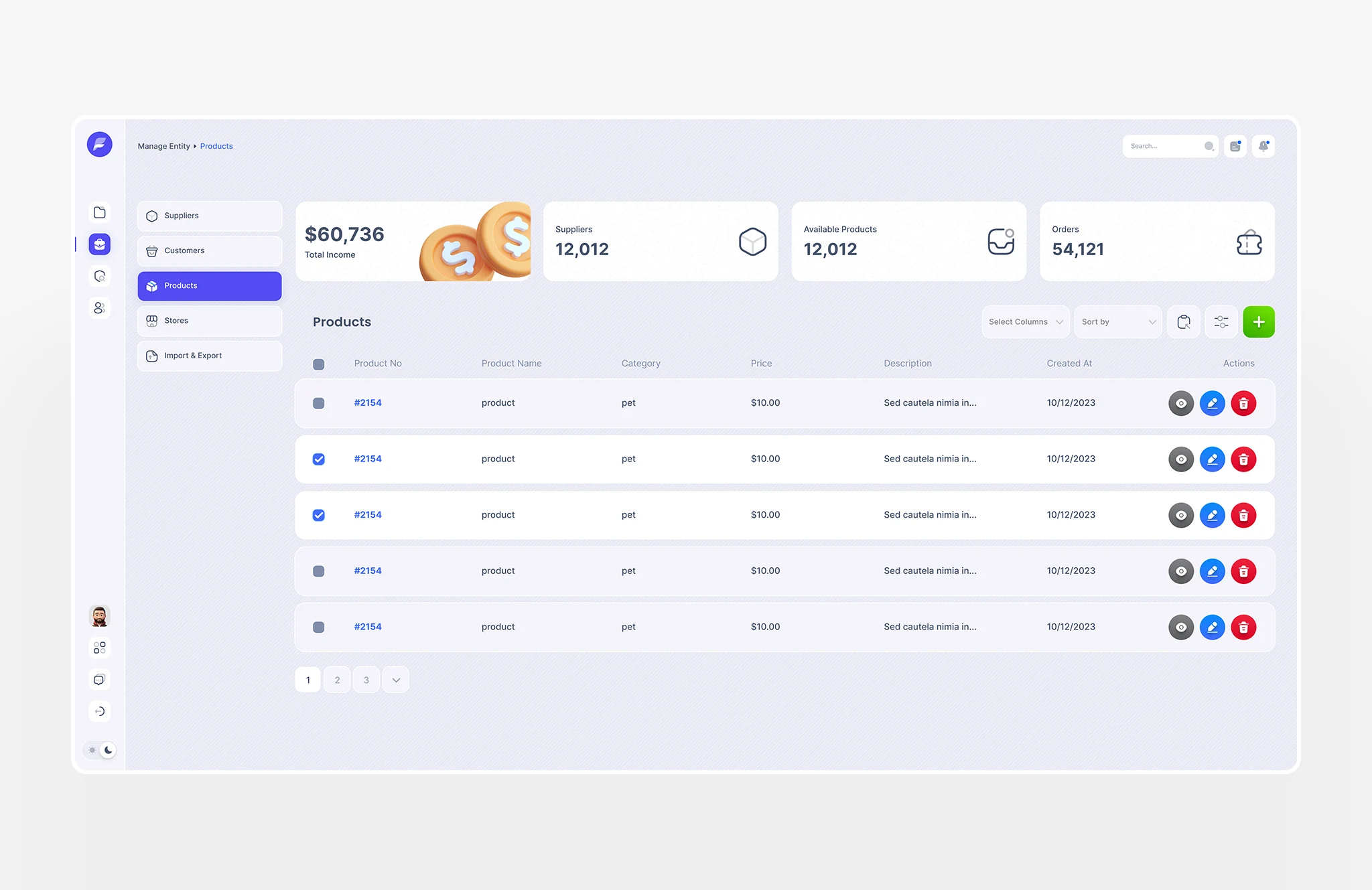 Admin dashboard UI design for product management with tables, analytics cards, and modern SaaS interface