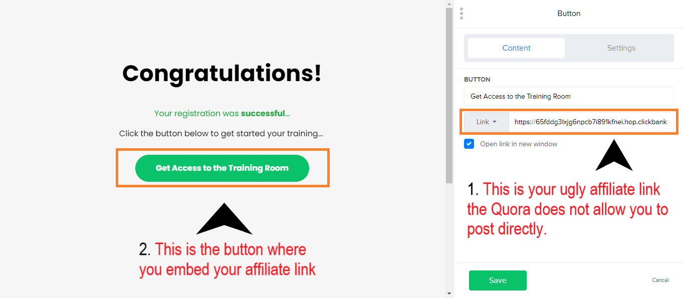 adding an affiliate link to a landing pages button