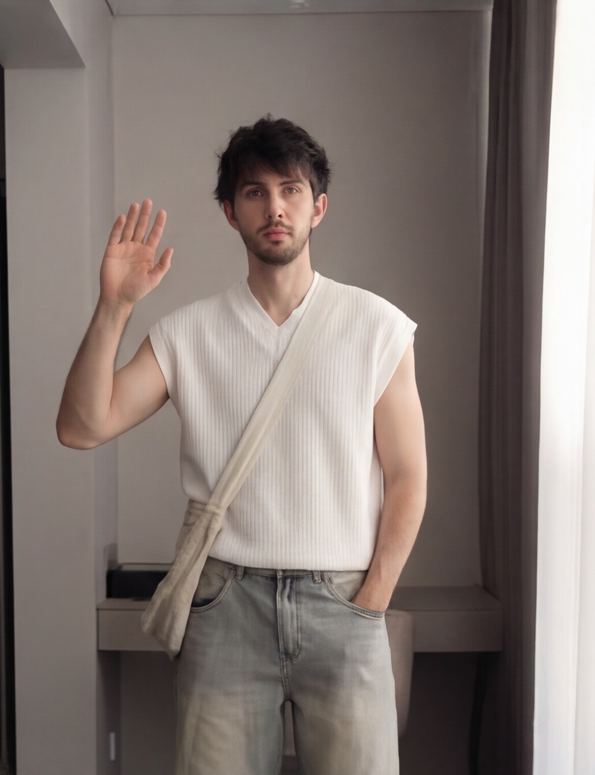 Off-White Knit Vest with Washed Denim Shorts