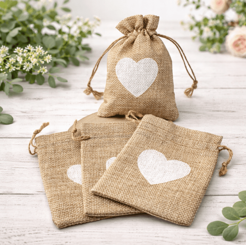 woreczki jutowe brązowee białe serca