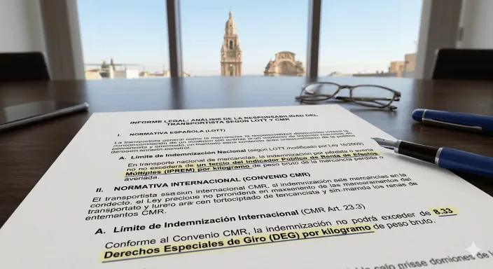 Normativa LOTT que limita la indemnización del transportista a euros por kilogramo de mercancía perdida.