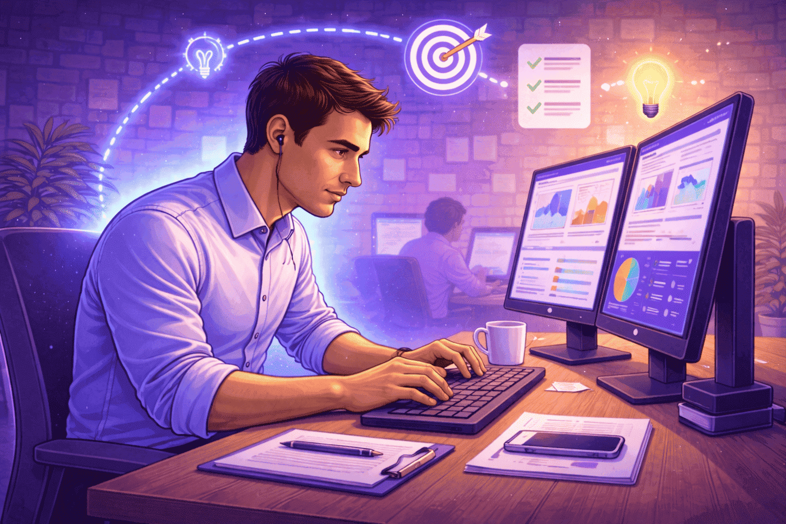 Visual representation of productivity metrics transforming into business results, with connected icons evolving into growth, efficiency, and successful outcomes