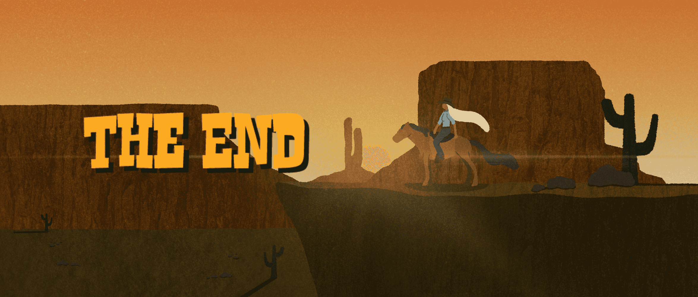 Illustration of woman atop horse looking hopefully out into the vast desert landscape, sun setting in background.