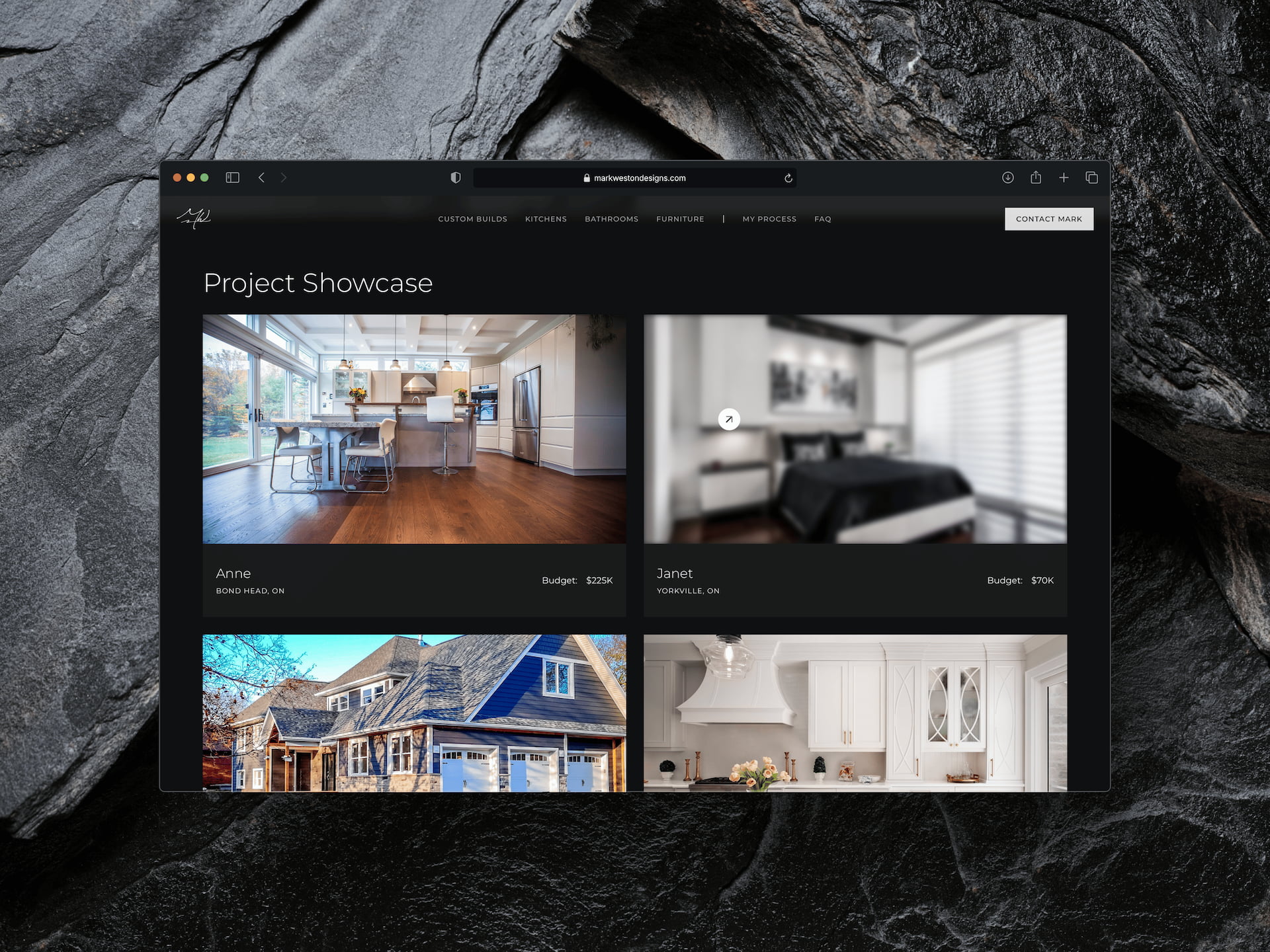 Mark Weston Designs project showcase page - luxury residential portfolio grid featuring Ontario kitchen and home renovations with project budgets