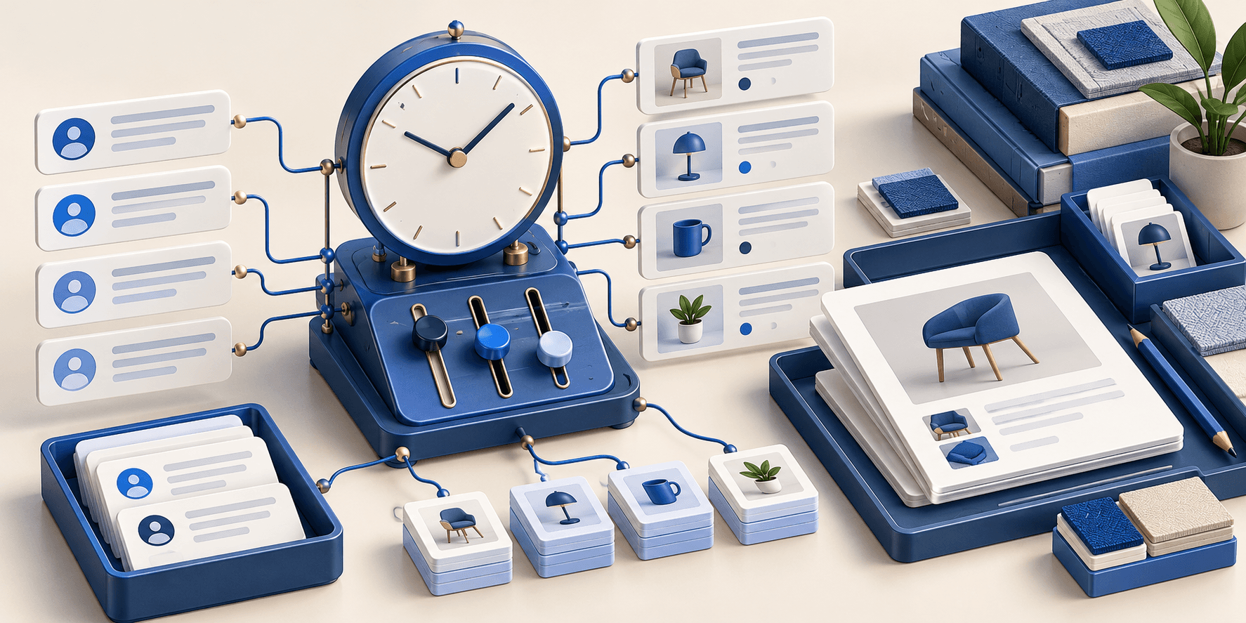 A scheduling clock and collection controls connected to AI answers and editable product information.