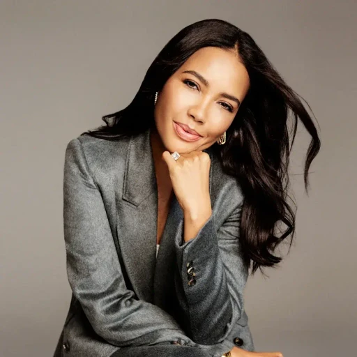 A woman with long dark hair poses in a tailored gray blazer against a neutral background, exuding confidence and sophistication.