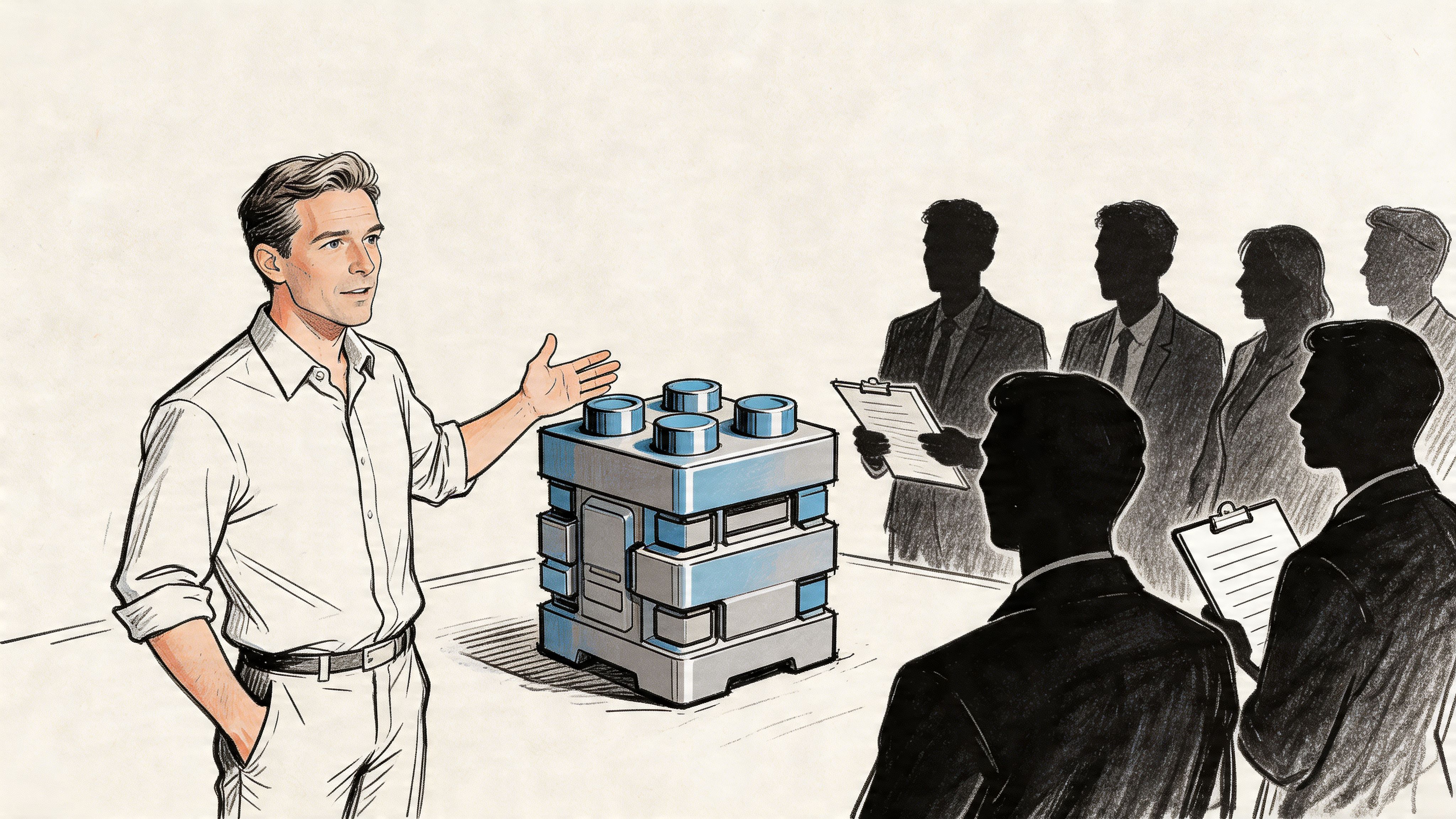 A professional man presenting a technical product model to a group of business professionals in a meeting.