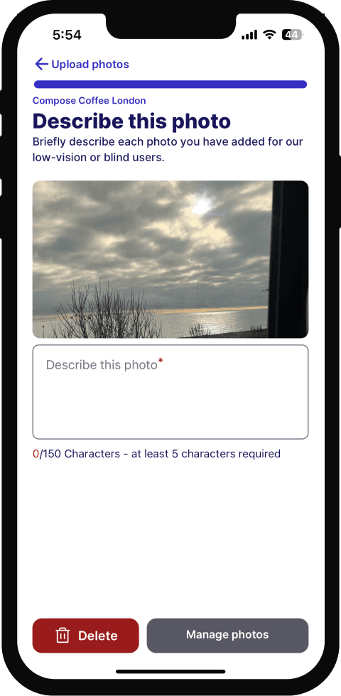 Screenshot of the sociability app showing how to describe the photos using alt text