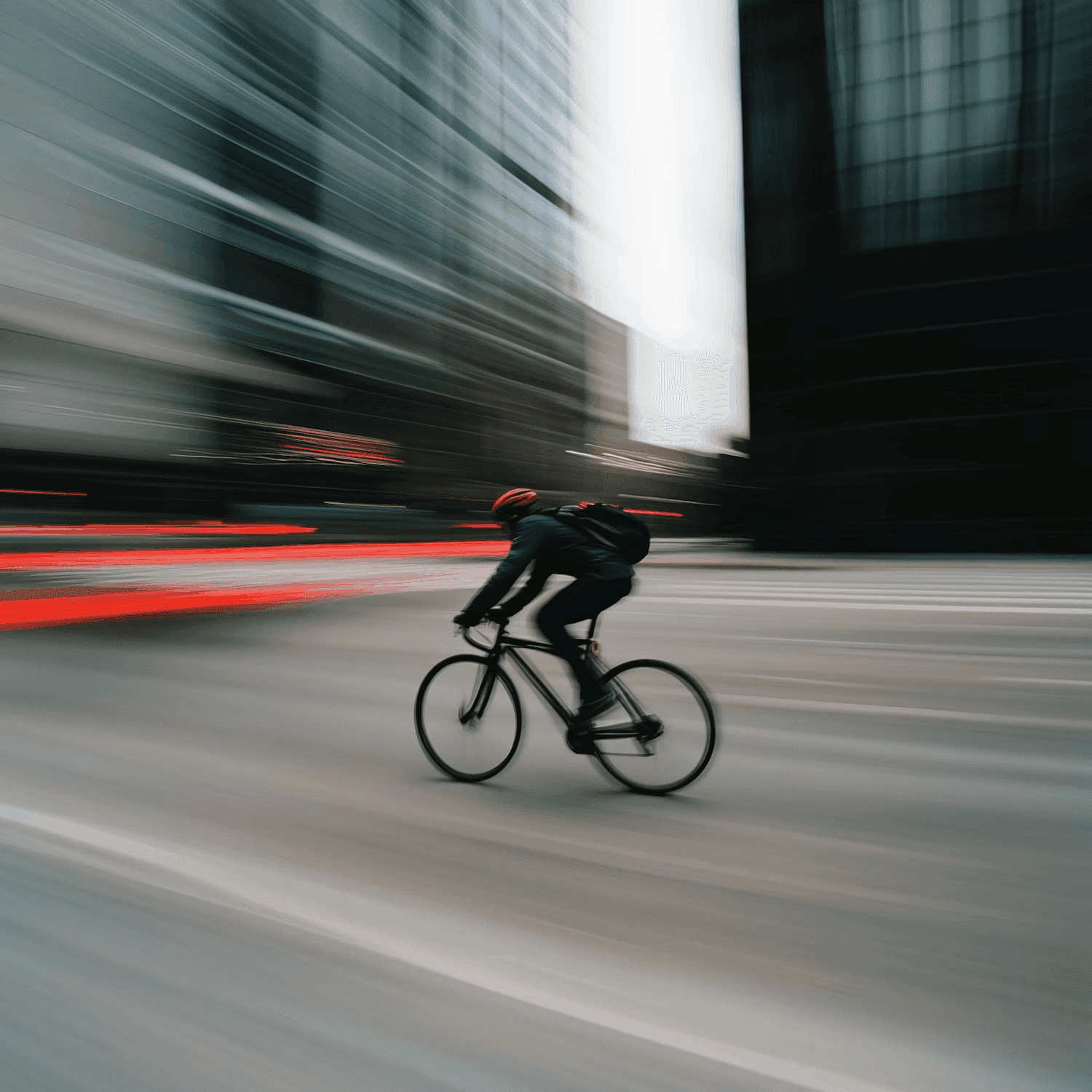 Cyclist in red helmet rides through blurred city street.