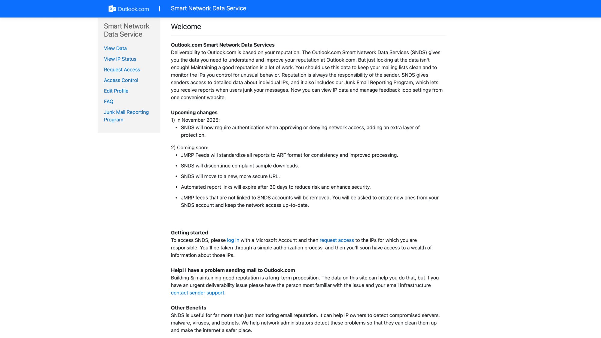 Microsoft Smart Network Data Services (SNDS) page for monitoring sender reputation with Outlook and Hotmail email providers