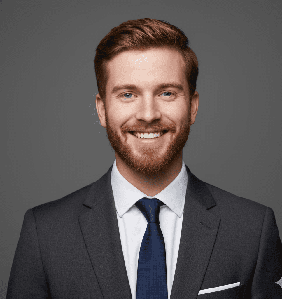 Portrait of a man in a black suit, shirt, and tie with his arms crossed against a gray background.
