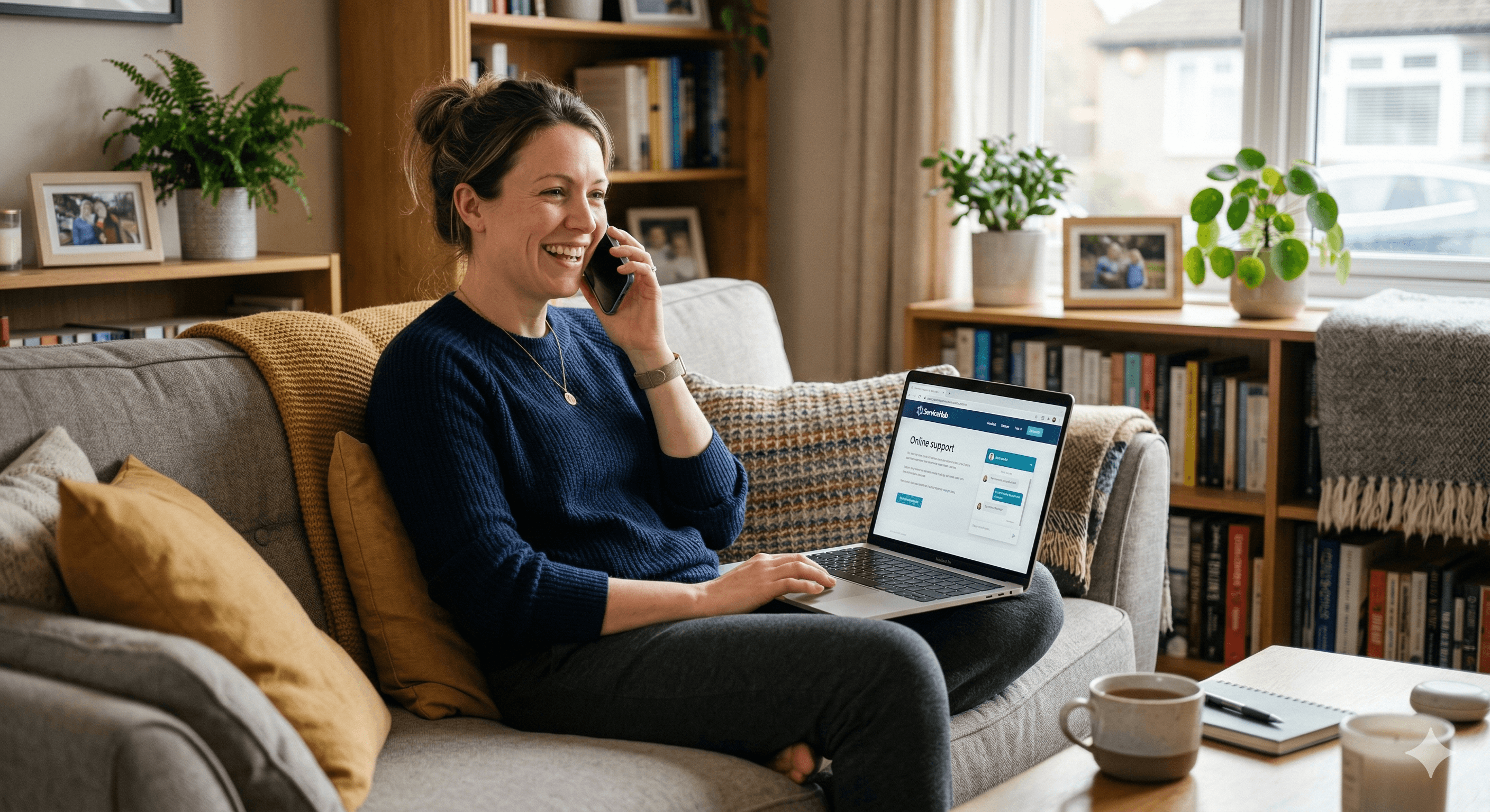 Eine lächelnde Frau sitzt entspannt mit ihrem Laptop auf einem grauen Sofa und telefoniert zufrieden mit dem Kundenservice.