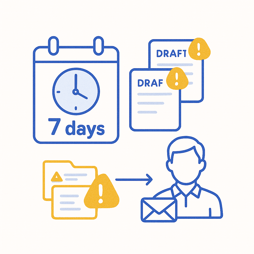 Minimal line-art illustration showing a “7 days” calendar, draft order documents with alert icons, and a sales representative receiving an email reminder, in blue and yellow tones.